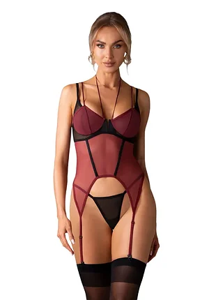Parisel corset & thong obsessive корсет чорний з бордовим