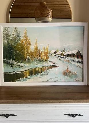 Картина масло холст художник андрусяк пейзаж «перший сніг в карпатському селі» гори україна подарунок