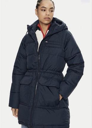 Жіноча куртка tommy hilfiger темно-синя дута з капюшоном