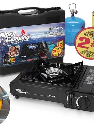 Плита газова переносна alpen camping у валізці, адаптер в комплекті (польща)