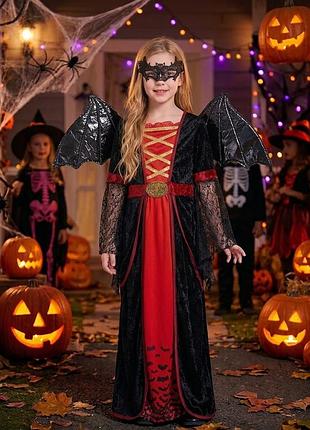 Карнавальний костюм сукня плаття на хелловін хеловін чаклунка чортиця чортовка королева хеловіну летюча мишка миша відьма для дівчинки 8-9 років