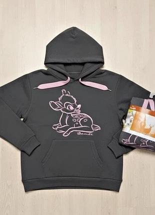 Худі оверсайз disney bambi сіре трикотажне з начосом тепла толстовка з капюшоном кишенею кенгуру кофта з принтом бембі рожеві шнурки esmara розмір m