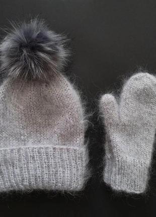 Сіра шапка і рукавиці мохер в'язаний теплий пухнастий набір мохер1 фото