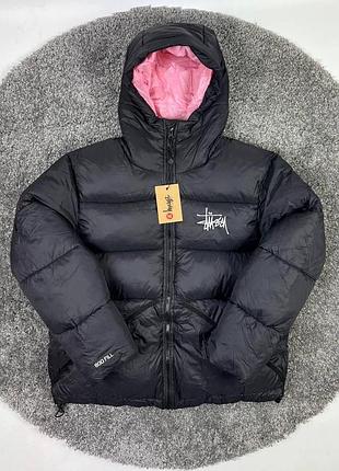 Stussy зимовий пуховик чорний з рожевим капюшоном розмір xl, xxl