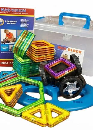 Розвивальний магнітний 3d конструктор magical magnet (mag-vision) 48 деталей у пластиковому боксі з колесами та буклетом ідей