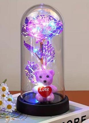 Ночник роза в колбе 19 см фиолетовый с мишкой led, искусственный цветок,