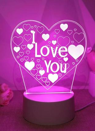 3d ночник сердце i love you, розовый свет usb, акрил 17,5 см, подарок для девушки