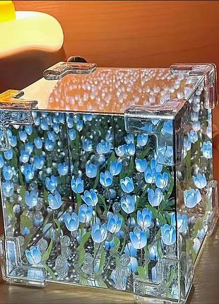 Ночник в форме куба с тюльпанами, зеркальный 3d diy 9 на 9 см, прекрасный подарок девушке, собери сам, синий
