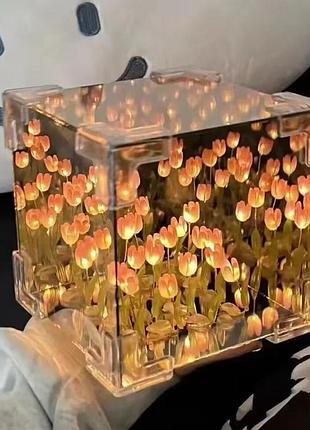 Ночник в форме куба с тюльпанами, зеркальный 3d diy 9 на 9 см, прекрасный подарок девушке, собери сам, розовый