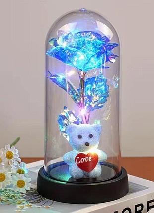 Ночник роза в колбе 19 см синий с мишкой led, искусственный цветок,