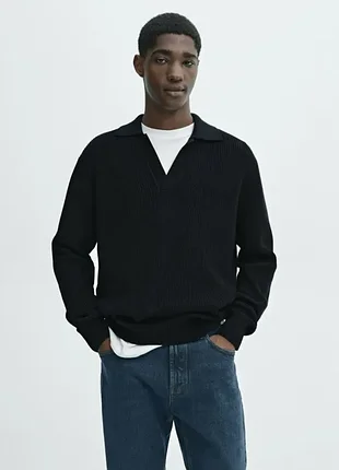 Чорний в’язаний джемпер-поло в рубчик massimo dutti