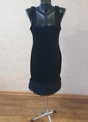 Бархатное маленькое черное платье new look с перьями, р. 40 (l/m)