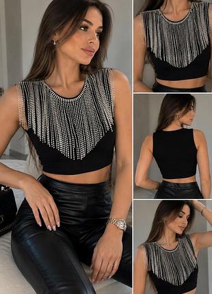 Топ жіночий zara чорний зі стразами та бахромою