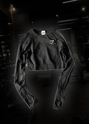 Лонгслів жіночий gymshark чорний вкорочений з вирізами для пальців🩶🖤