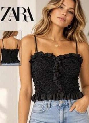 Топ жіночий zara чорний укорочений з жатою текстурою та воланом