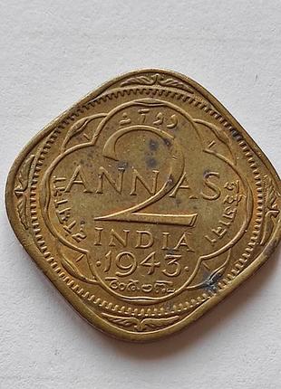 Старинная монета индия британская 1943 года 2 анны.