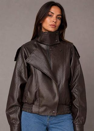 Куртка жіноча в стилі zara екошкіра коричнева розмір m-l, байкерська курка з еко шкіри
