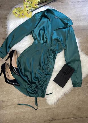 Коротка атласна сукня shein зелена з довгим рукавом
