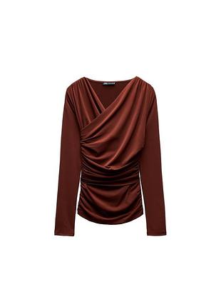Блуза топ жіноча zara коричнева з драпіруванням розмір м