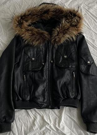 Cropped lucky boys leather fur hood bomber jacket