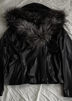 Leather cropped alonso cristi double zip large hood jacket