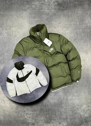 Пуховик nike двосторонній зимовий оливково-білий