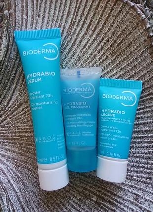 🤍🩵💙набір мініатюр зі зволожуючої серії bioderma hydrabio сироватка + гель - крем+гель для вмивання для сухої, чутливої шкіри