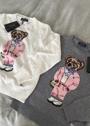 Светр polo ralph lauren з принтом ведмедя сірий та білий s-m