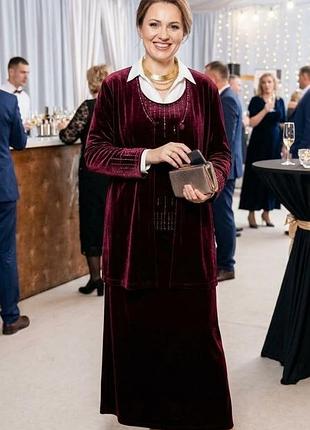 Велюровый женский костюм репейка кардиган топ юбка бордовый l xl
