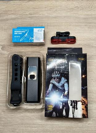 Комплект велосипедных фонарей: передний металлический 1800lm с power bank + задний стоп (уценка)