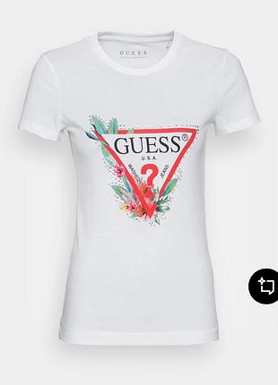 Жіноча футболка guess зі стразами, квітами та логотипом, розмір s, біла