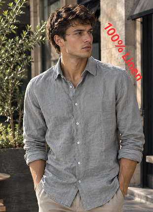Крутая мужская льняная рубашка серого цвета massimo dutti dyed & washed, оригинал