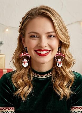 Милые зимние серьги снеговик с табличкой merry christmas 122215