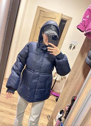 Жіноча куртка-пуховик h&m синя дута з капюшоном