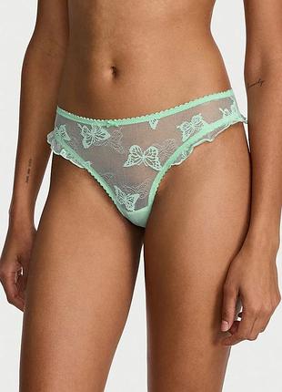 Трусики butterfly mesh flutter thong panty м'ятні сітчасті стрінги жіночі з метеликами та рюшами оригінал victoria's secret