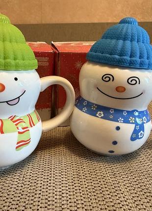 Чашки новорічні керамічні сніговики з кришками
