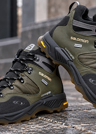 Зимние кожаные ботинки, кроссовки термо, salomon contagrip gore-tex olive
