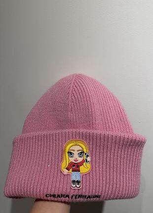 Шапка chiara ferragni рожева в'язана біні з відворотом