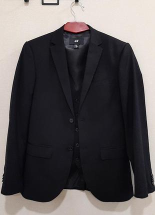 Черный элегантный классический пиджак + жилетка от бренда h&amp;m slim fit, р. s (наш 44)