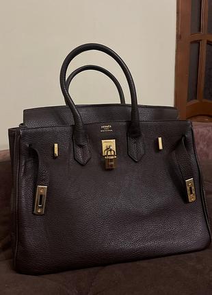 Шкіряна шоколадна з замком сумка hermes
