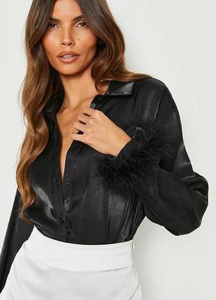 Чорна блискуча жіноча сорочка з пірʼям boohoo 🛍️1+1=3🛍️