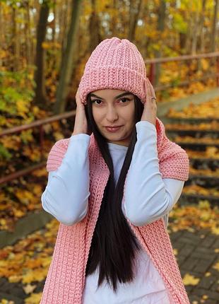 Комплект жіночий в'язаний шарф і шапка біні рожевий ручна робота