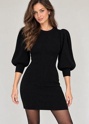 Чорна трикотажна сукня zara з об’ємними рукавами-ліхтариками, розмір m