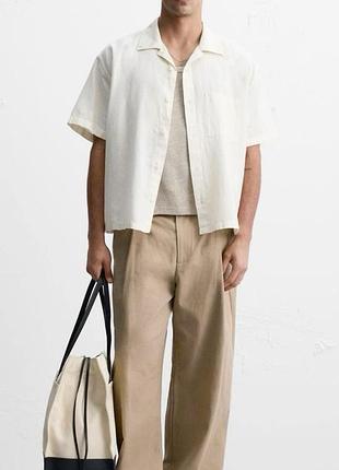 Лляна чоловіча сорочка zara з коротким рукавом (boxy / relaxed fit), розмір l