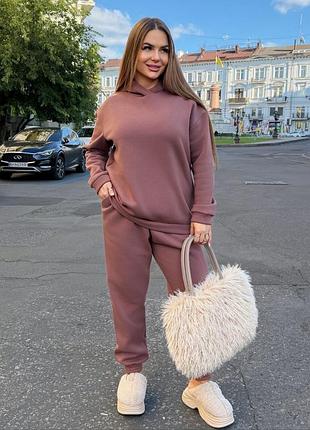 Женский спортивный костюм на флисе из худи с капюшоном с манжетами с брюками джоггерами