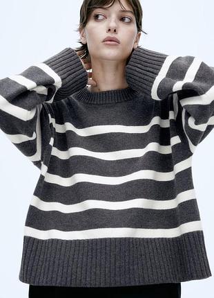 Светр жіночий h&m оверсайз у смужку сіро-білий