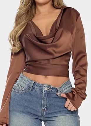 Блуза жіноча prettylittlething атласна коричнева з довгим рукавом