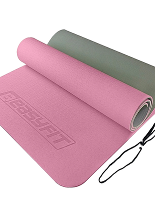 Килимок для йоги та фітнесу tpe+tc easyfit ef-1924-pkgy, протиковзкий,двошаровий 183×61×0,6 см, рожево-сірий
