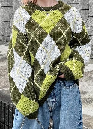 Свитер ромбы хаки зеленый friful shein l xl