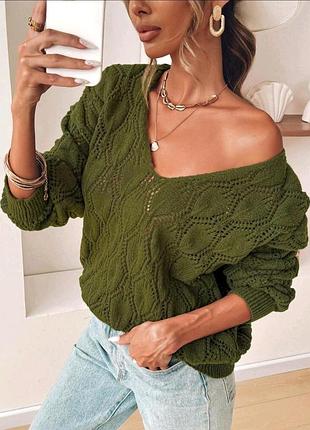 Свитер хаки ажурный shein s m 6
